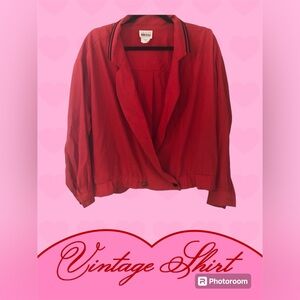 Vintage Leslie Fay Sportswear Red & Black Blouse, Chunky Buttons, Cinche…